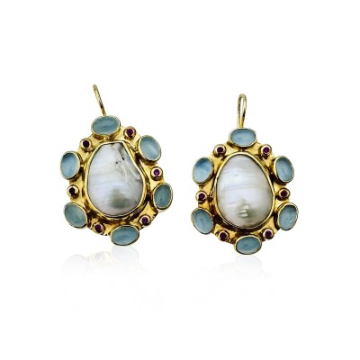 by Eda Çetin - Aquamarine Stone Pearl Collection Earring