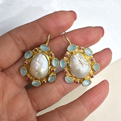 by Eda Çetin - Aquamarine Stone Pearl Collection Earring (1)