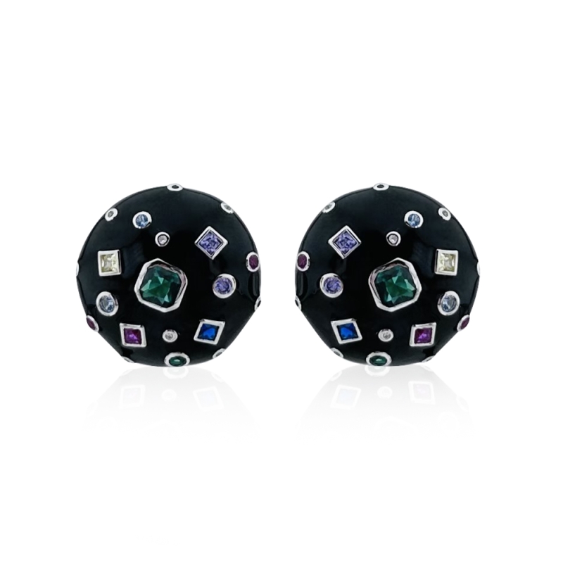 Black Enameled Colored Stone Earrings