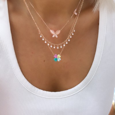 Clover Colored Stone Necklace - Thumbnail