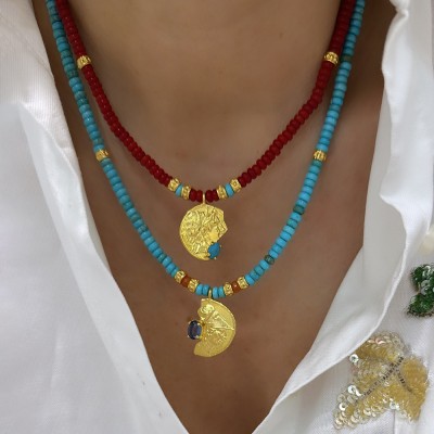 byEdaÇetin - Coral Turquoise Medallion Necklace (1)