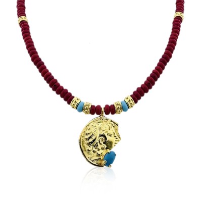byEdaÇetin - Coral Turquoise Medallion Necklace