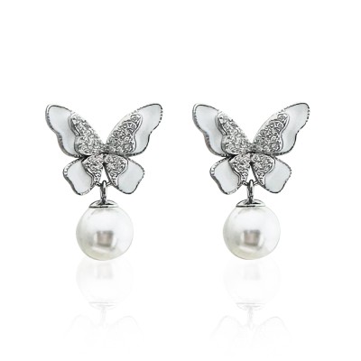 Enamel Butterfly Pearl Earrings