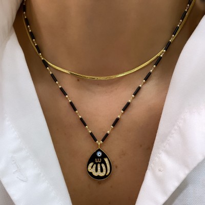 Enamel Design God Necklace - Black - Thumbnail