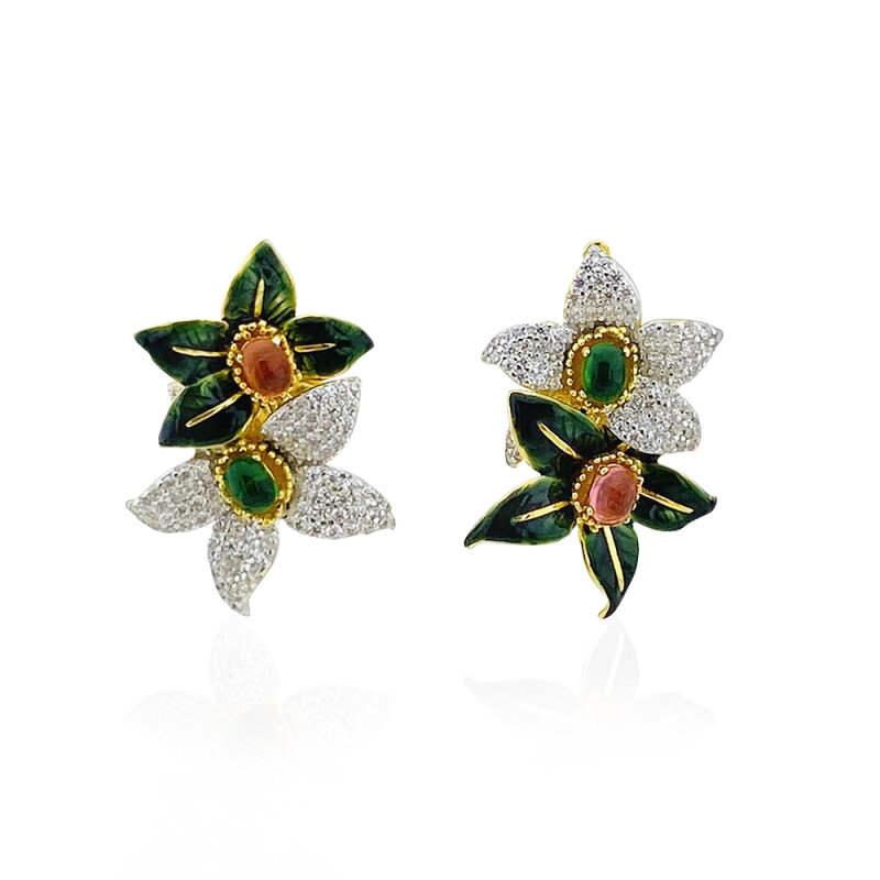 Enameled Magnolia Earrings - 1
