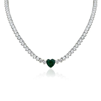 Green Heart Detailed Tennis Necklace - Thumbnail