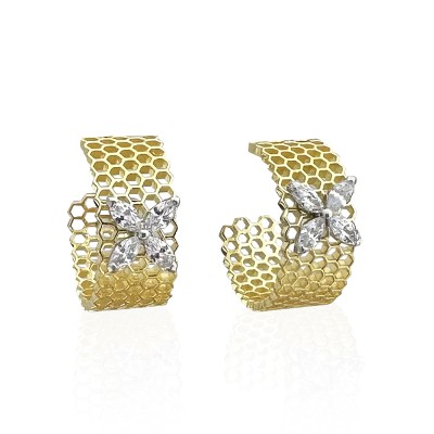 Honeycomb Marquise Medium Gold Earrings - Thumbnail