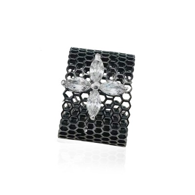 Honeycomb Single Marquise Black Mount Ring - Thumbnail