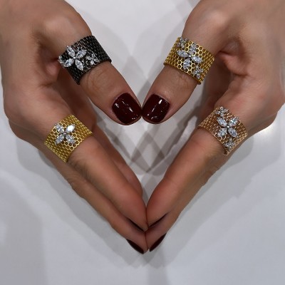 Honeycomb Single Marquise Black Mount Ring - Thumbnail