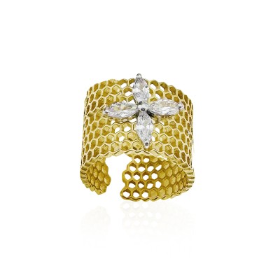 Honeycomb Single Marquise Gold Ring - Thumbnail