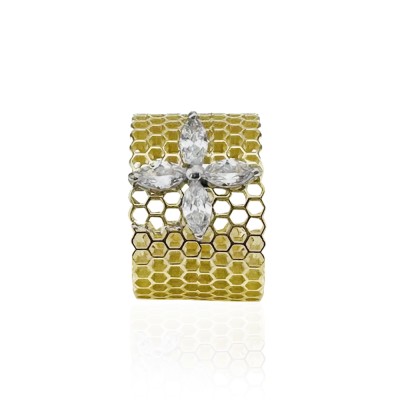 Honeycomb Single Marquise Gold Ring - Thumbnail