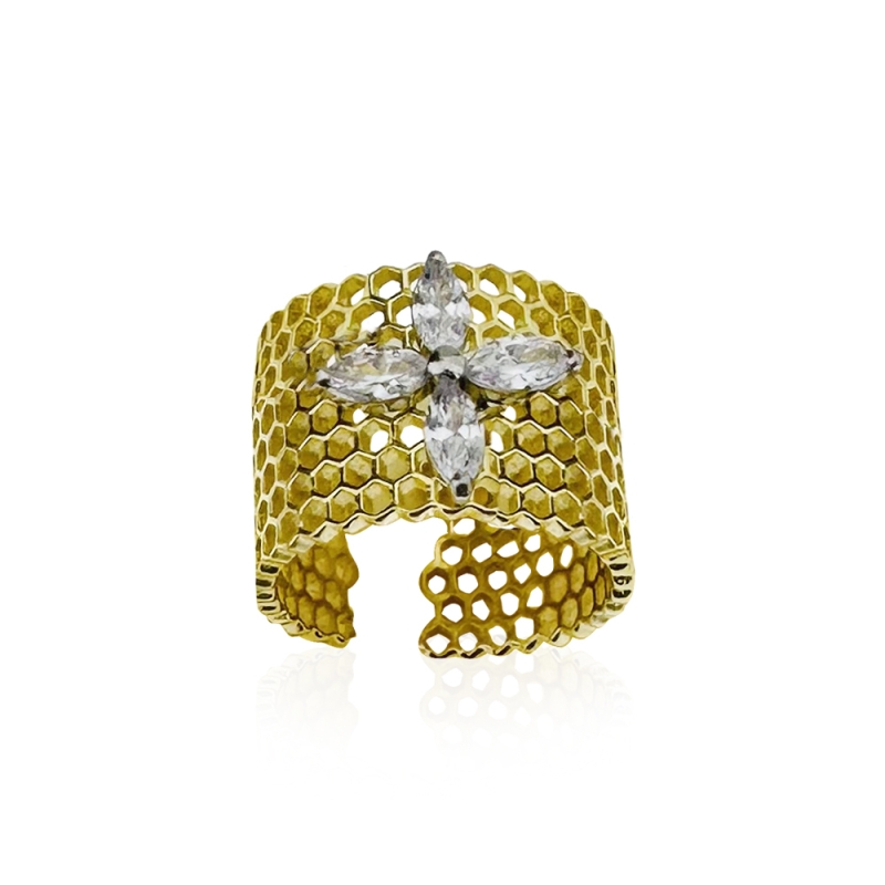 Honeycomb Single Marquise Matte Gold Ring