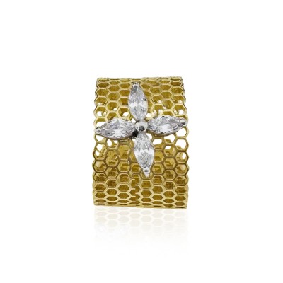 Honeycomb Single Marquise Matte Gold Ring - Thumbnail