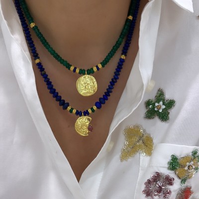Jade Lapis Medallion Necklace - Thumbnail