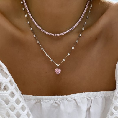  Row Stone Heart Necklace - Thumbnail