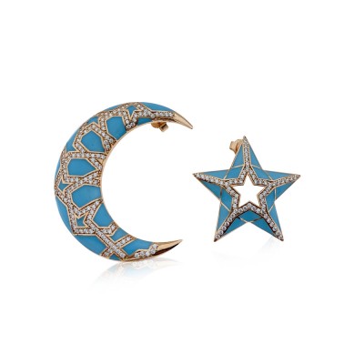 Special Design Crescent And Star Enamel Earrings - Thumbnail