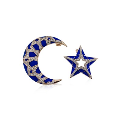 Special Design Crescent And Star Enamel Earrings - Thumbnail