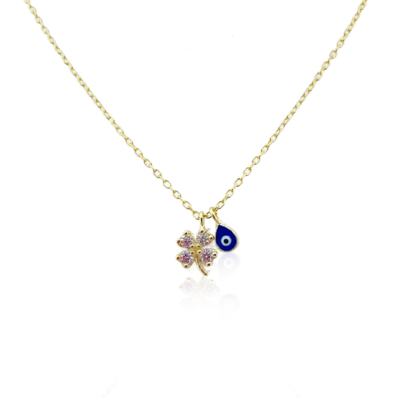 Tiny Clover Necklace with Evil Eye Bead