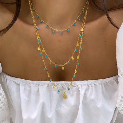 Turquoise Sequin Triple Necklace - Thumbnail