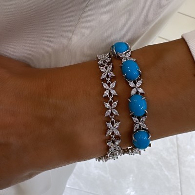 Turquoise Stone Marquise Tennis Bracelet - Thumbnail